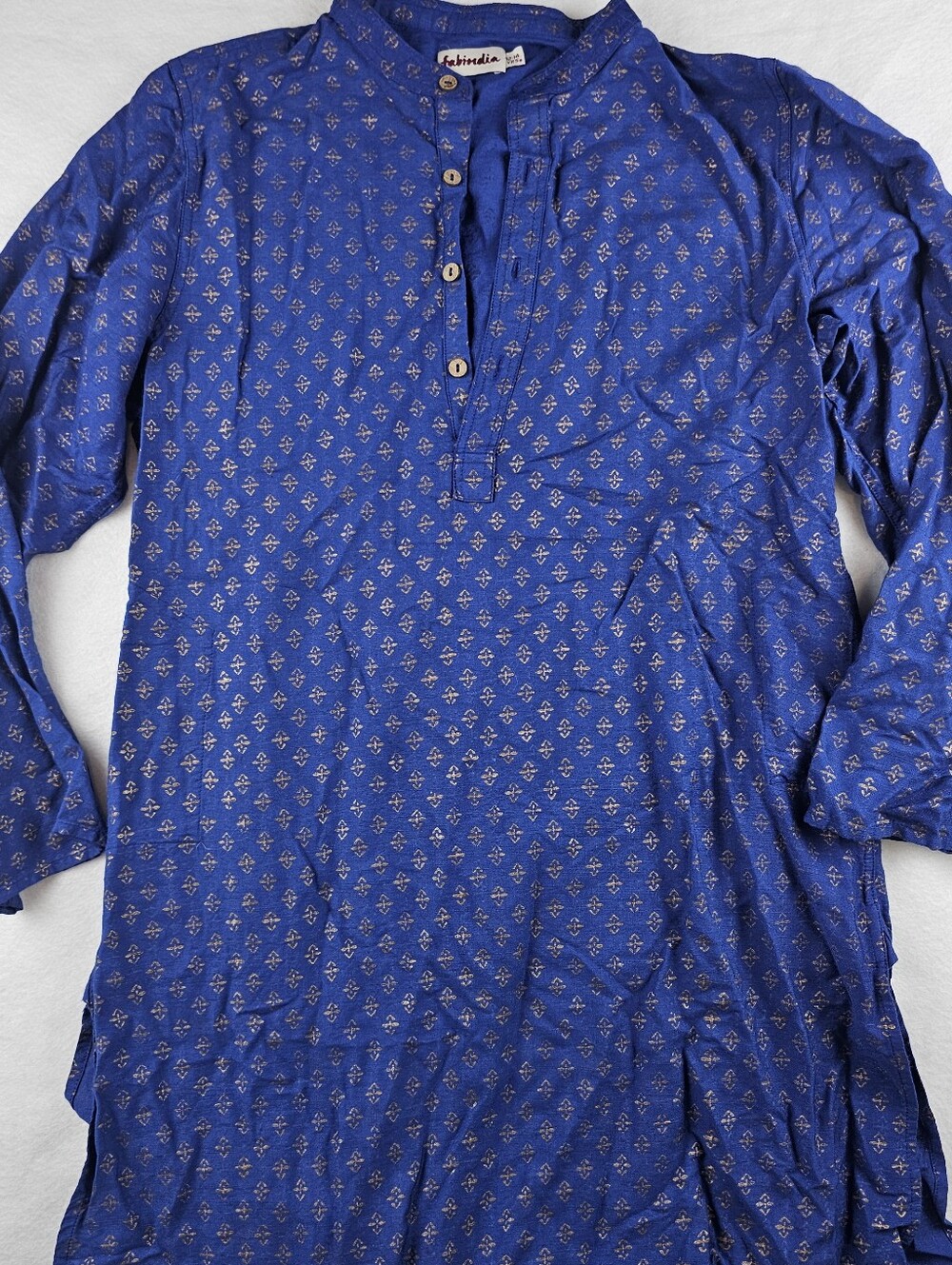 Fabindia 2 Pc Cotton Kurta Prints Mandarin Collar Pockets Blue Orange 12-14 Yrs